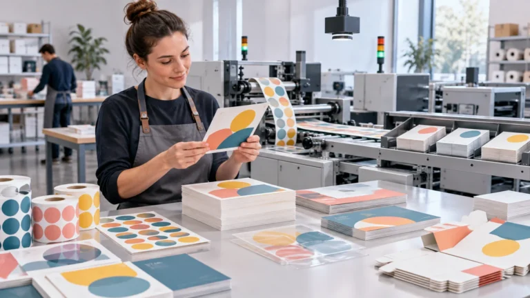 Worker inspecting a colorful printed card beside stacks of printed sheets, label rolls, and finishing equipment in a bright print-production workspace.