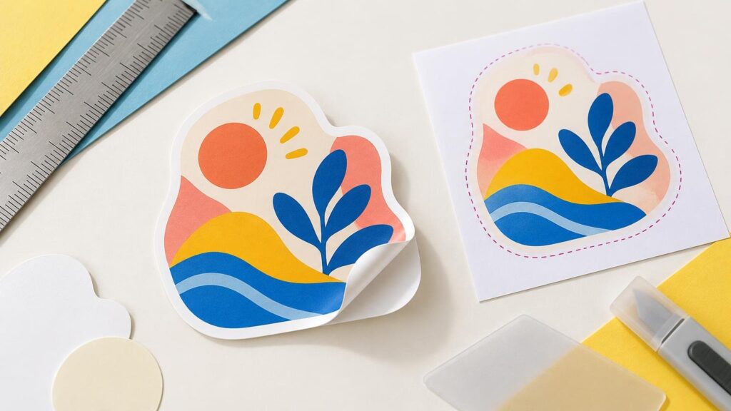 Overhead workspace showing a colorful landscape-shaped die-cut sticker being peeled from its white backing beside a printed sheet with a dashed cut contour, a metal ruler, blank paper shapes, and a craft knife.