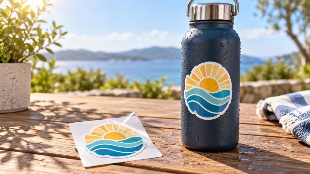 A dark reusable metal water bottle outdoors on a sunlit wooden table, covered with water droplets and an abstract yellow sun and blue waves sticker; a matching sticker rests on its translucent backing sheet beside it, with water and hills blurred in the background.