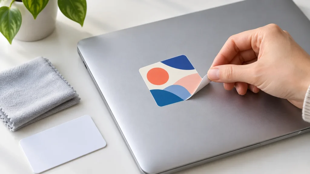 Close-up of a hand gently peeling a colorful abstract vinyl sticker from a closed silver laptop on a white desk, with a folded microfiber cloth and blank white card nearby.