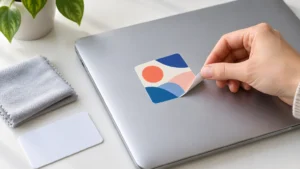 Close-up of a hand gently peeling a colorful abstract vinyl sticker from a closed silver laptop on a white desk, with a folded microfiber cloth and blank white card nearby.