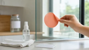 A hand peels a plain pink circular sticker from a glass window beside a spray bottle and folded cleaning cloth.