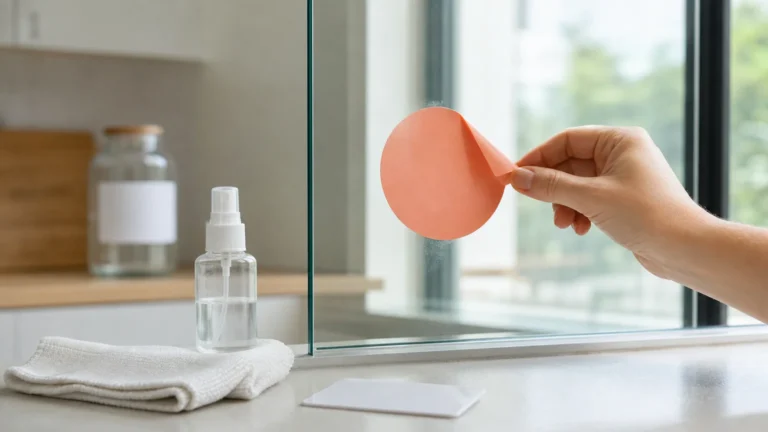 A hand peels a plain pink circular sticker from a glass window beside a spray bottle and folded cleaning cloth.