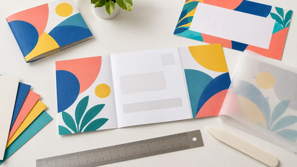 Overhead view of colorful abstract-patterned folded mailers and cards with blank address panels, layered paper swatches, a translucent printed sheet, a metal ruler, and a white bone folder on a clean work surface.