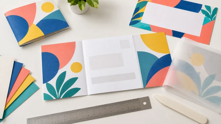 Overhead view of colorful abstract-patterned folded mailers and cards with blank address panels, layered paper swatches, a translucent printed sheet, a metal ruler, and a white bone folder on a clean work surface.