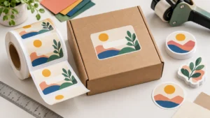 Overhead workspace showing a roll of rectangular illustrated labels draped beside a kraft shipping box with one matching label applied, alongside stacks of round and die-cut leaf stickers, a metal ruler, colored paper sheets, and a tape dispenser.