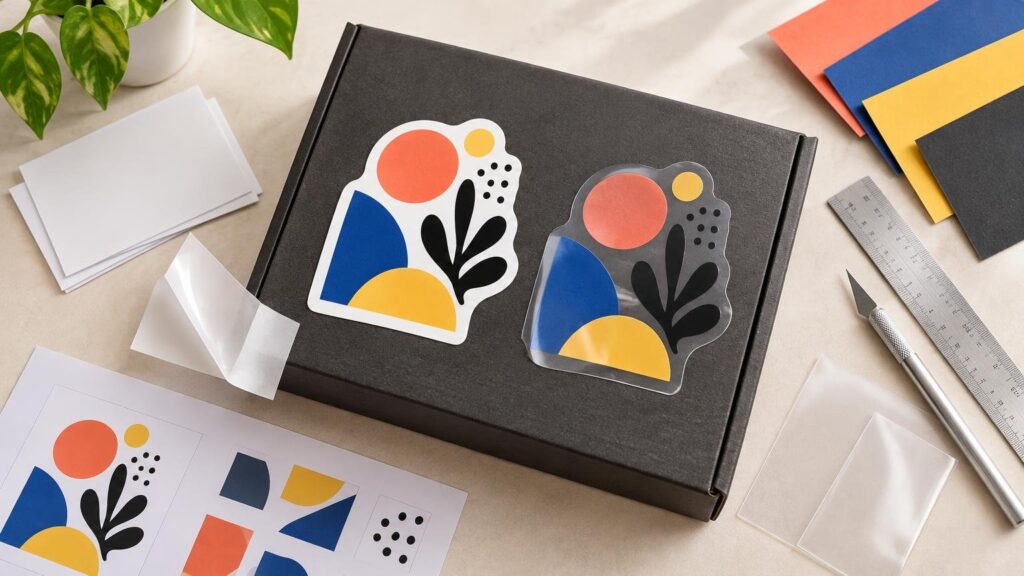 Overhead print-preparation workspace showing matching abstract die-cut stickers in white vinyl and clear vinyl on a black box, surrounded by translucent material samples, blank white sheets, colored paper, a metal ruler, and a craft knife.