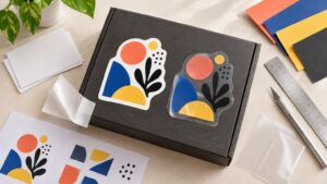 Overhead print-preparation workspace showing matching abstract die-cut stickers in white vinyl and clear vinyl on a black box, surrounded by translucent material samples, blank white sheets, colored paper, a metal ruler, and a craft knife.