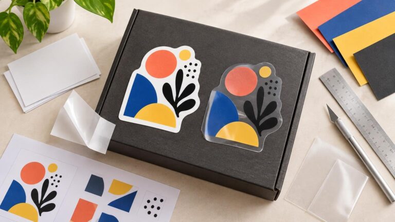 Overhead print-preparation workspace showing matching abstract die-cut stickers in white vinyl and clear vinyl on a black box, surrounded by translucent material samples, blank white sheets, colored paper, a metal ruler, and a craft knife.