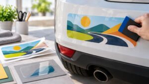 Close-up of a white car’s rear bumper with a colorful landscape bumper sticker being smoothed into place with a blue-edged applicator; matching printed sticker sheets, a clear film layer, and paper samples sit on a worktable beside it.