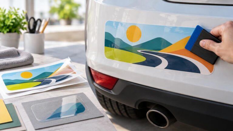 Close-up of a white car’s rear bumper with a colorful landscape bumper sticker being smoothed into place with a blue-edged applicator; matching printed sticker sheets, a clear film layer, and paper samples sit on a worktable beside it.