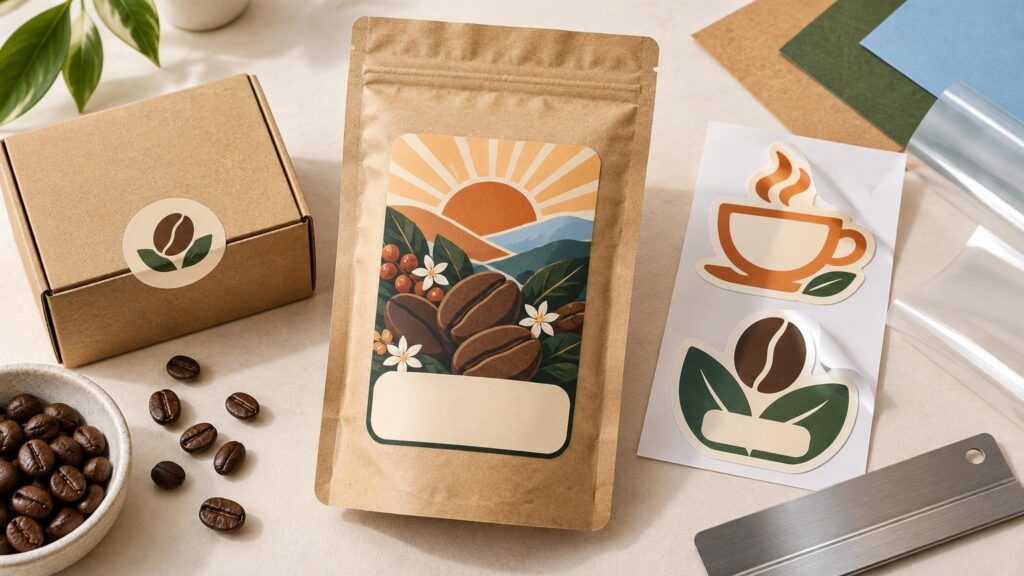 Overhead workspace with a kraft coffee bag carrying a colorful coffee-bean illustration and blank label panel, beside a sealed cardboard box, die-cut coffee-themed stickers on backing paper, loose coffee beans, paper swatches, clear film, and a metal ruler.