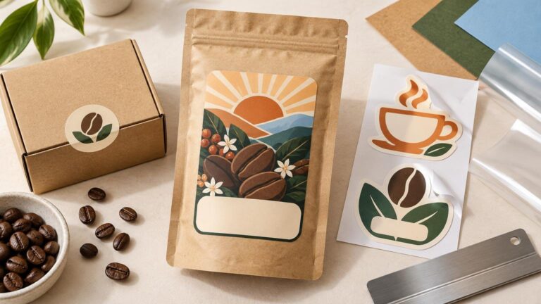 Overhead workspace with a kraft coffee bag carrying a colorful coffee-bean illustration and blank label panel, beside a sealed cardboard box, die-cut coffee-themed stickers on backing paper, loose coffee beans, paper swatches, clear film, and a metal ruler.