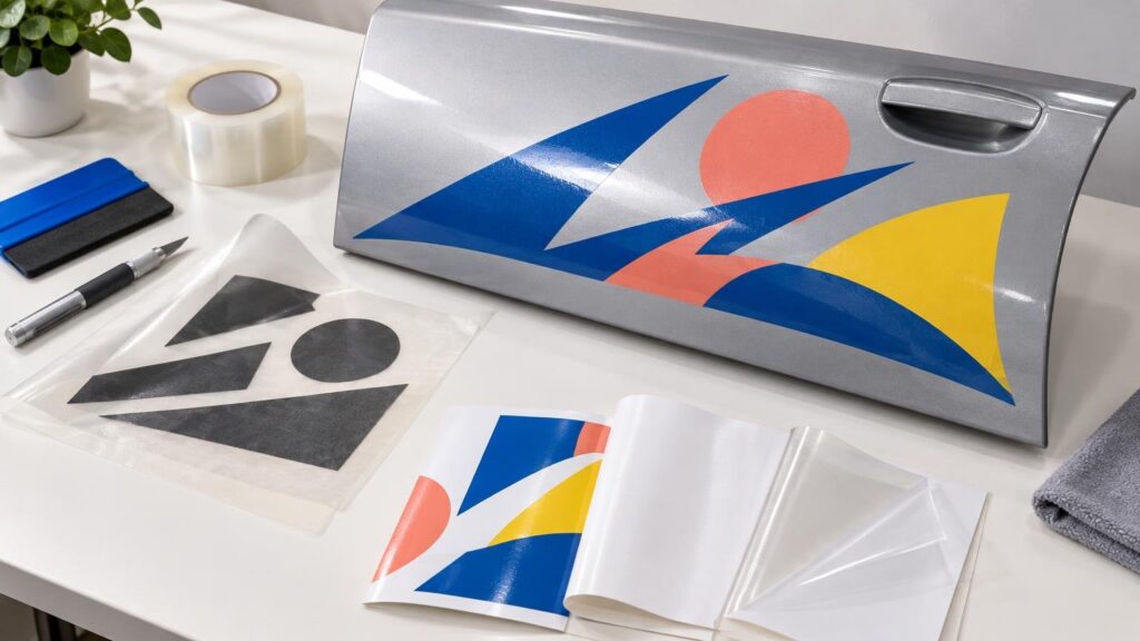 Close-up workspace showing a silver car door with a glossy abstract blue, coral, and yellow vinyl decal, alongside clear laminate, white vinyl sheets, a transfer-film roll, squeegee, craft knife, and sample cut shapes.