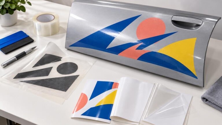 Close-up workspace showing a silver car door with a glossy abstract blue, coral, and yellow vinyl decal, alongside clear laminate, white vinyl sheets, a transfer-film roll, squeegee, craft knife, and sample cut shapes.