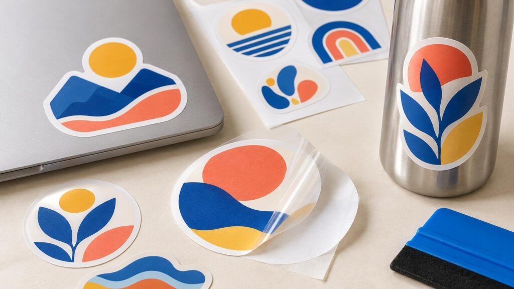 Overhead close-up of colorful abstract vinyl stickers on a laptop and stainless steel bottle, with a partly peeled clear protective film, backing sheet, sticker samples, and a blue application squeegee on a work surface.
