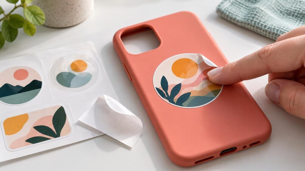 A hand peels the edge of a round illustrated sticker while applying it to a coral silicone phone case, beside a sheet of colorful abstract stickers and a loose backing layer on a white desk.