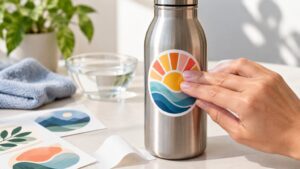 A hand presses a round sunrise-and-waves sticker onto a stainless steel water bottle beside a folded towel, a bowl of water, and a sheet of colorful illustrated stickers.