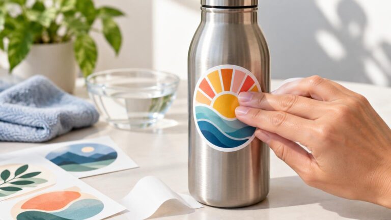 A hand presses a round sunrise-and-waves sticker onto a stainless steel water bottle beside a folded towel, a bowl of water, and a sheet of colorful illustrated stickers.