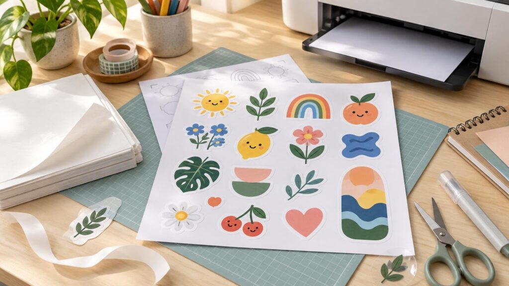 Overhead view of a home sticker-printing workspace with a colorful sheet of illustrated stickers on a cutting mat, loose backing paper, scissors, a craft knife, blank paper sheets, and a desktop printer.