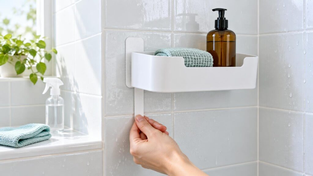 Hand pulling a white adhesive release strip beneath a white shower caddy mounted on wet tiled bathroom walls, holding an amber pump bottle and folded mint-green cloth.