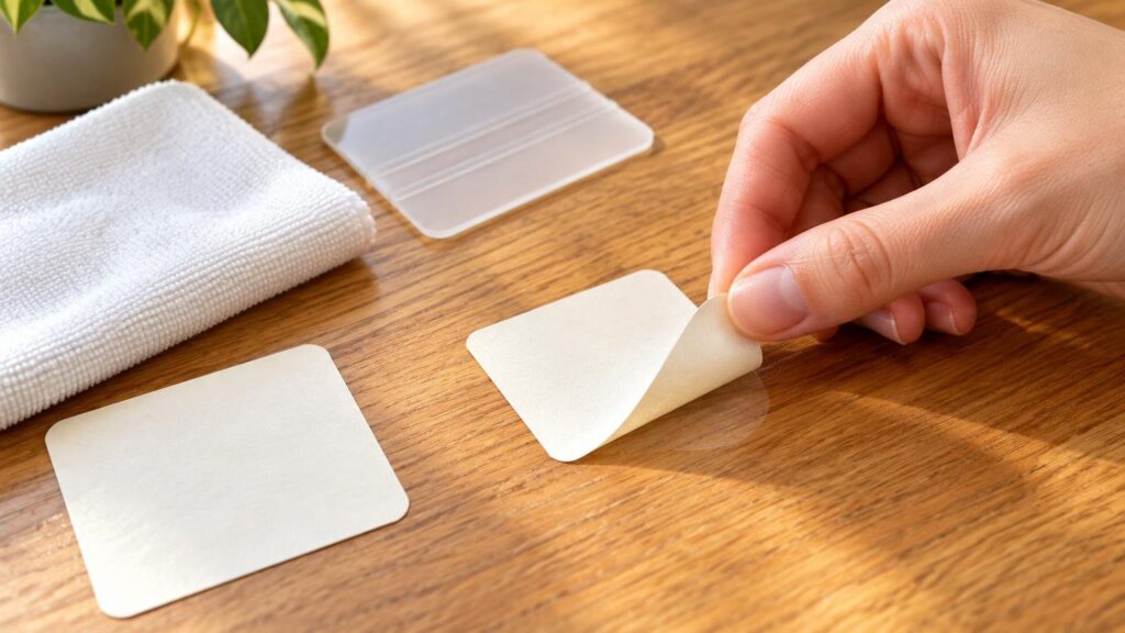 Close-up of a hand slowly peeling a blank square sticker from a glossy wooden tabletop, with a folded white cloth, a translucent plastic scraper, and another blank sticker nearby.