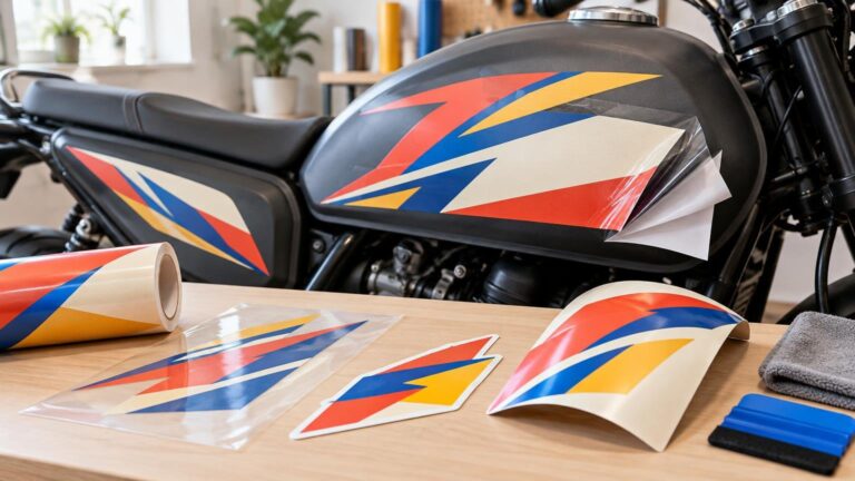 Close-up of a black motorcycle with colorful geometric vinyl decals on its fuel tank and side panel, beside rolls, sheets, a peeled backing layer, a cloth, and a blue application squeegee on a worktable.