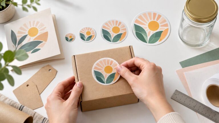 Overhead view of hands applying a round floral sticker to a small kraft box, surrounded by four similar round stickers in increasing sizes, printed cards, paper tags, material swatches, a ruler, and a glass jar.